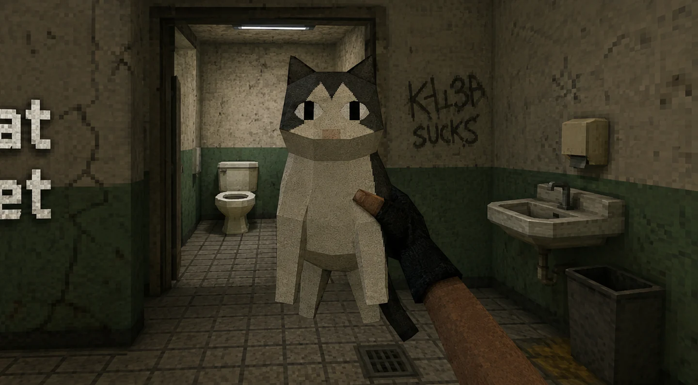 A gloved hand carries a low poly cat down a green tiled corridor